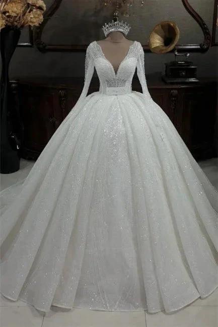Princess V-neck Glitter A-line Wedding Dresses With Sleeves - Image 4