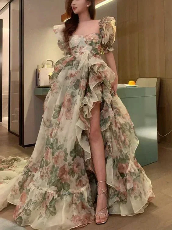 Print Floral Vintage Dress Open Fork Elegant Evening Dress Puff Sleeves Sweet Female New Y6911 - Image 2