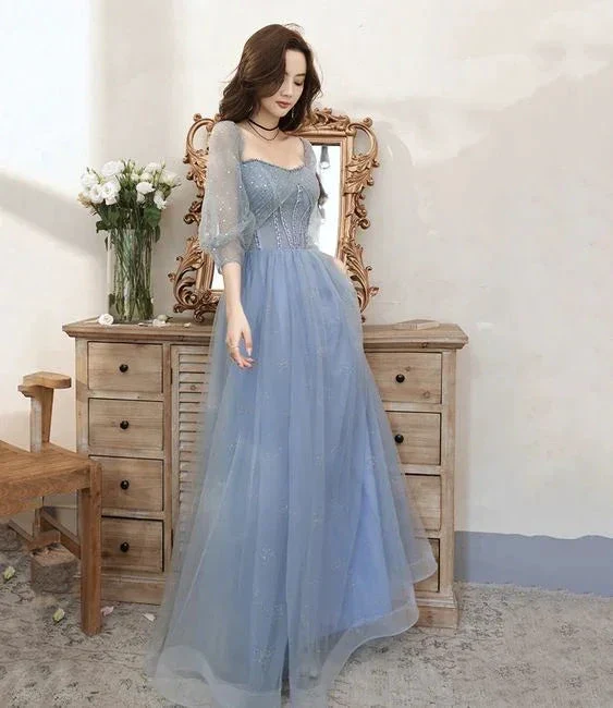 Blue tulle beaded long prom dress blue evening dress Y5835 - Image 2