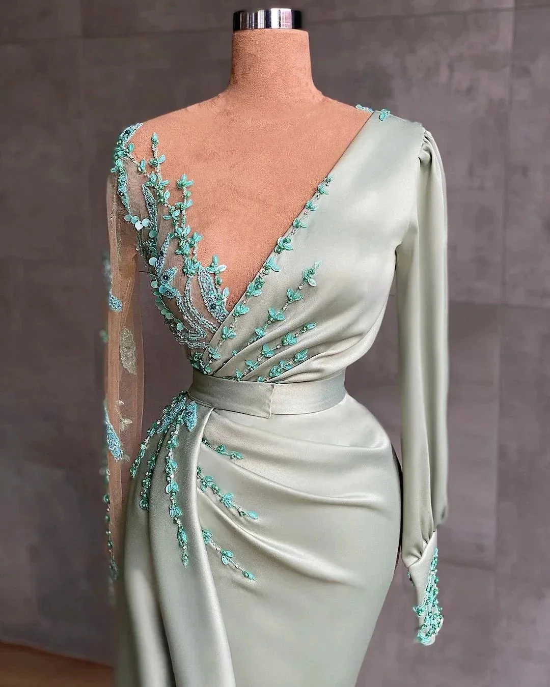 Prom dresses long mint green Evening dresses with sleeves - Image 2