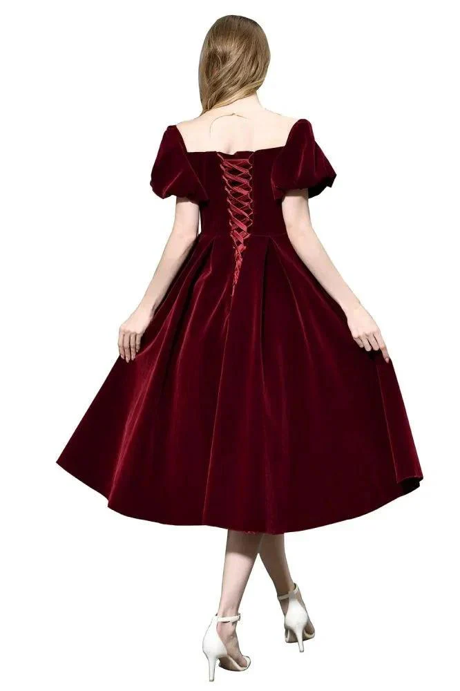 Puff Sleeve Ankle Length  Velvet Daily Casual Dress Deep V-Neck Vintage Party Dress - Image 10