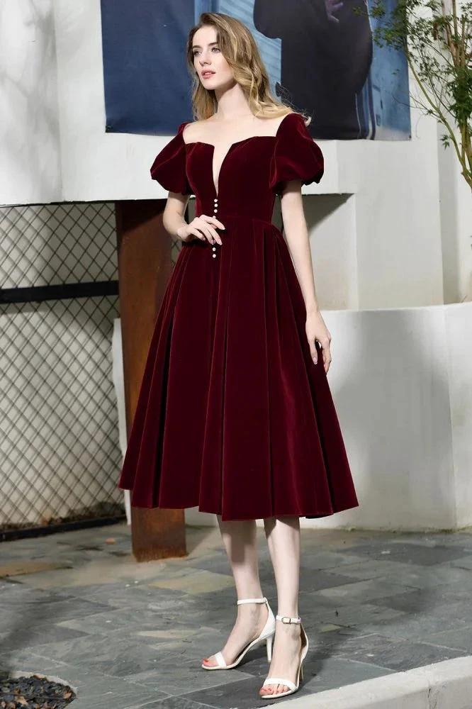 Puff Sleeve Ankle Length  Velvet Daily Casual Dress Deep V-Neck Vintage Party Dress - Image 11