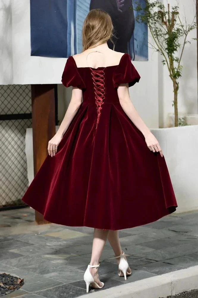 Puff Sleeve Ankle Length  Velvet Daily Casual Dress Deep V-Neck Vintage Party Dress - Image 12