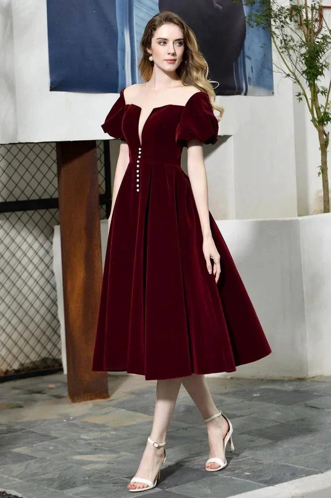 Puff Sleeve Ankle Length  Velvet Daily Casual Dress Deep V-Neck Vintage Party Dress - Image 2
