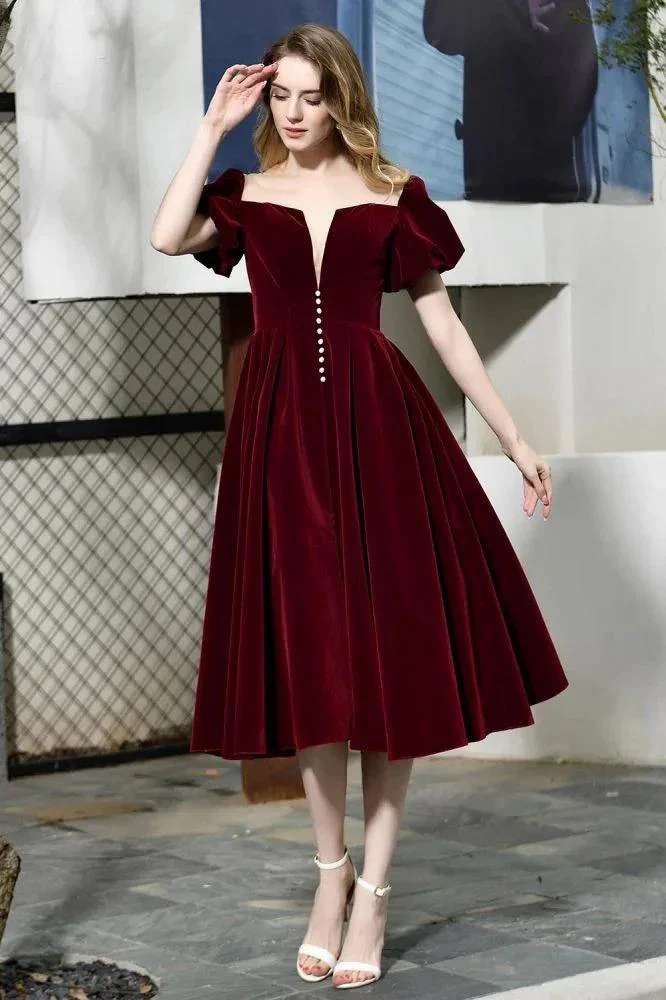 Puff Sleeve Ankle Length  Velvet Daily Casual Dress Deep V-Neck Vintage Party Dress - Image 3