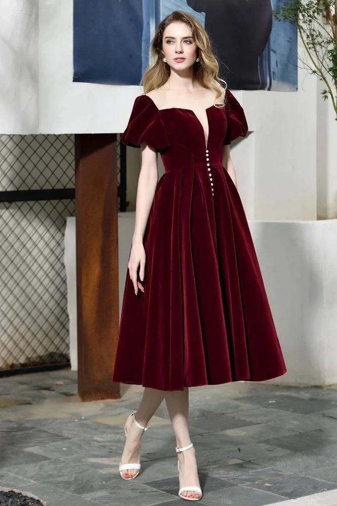 Puff Sleeve Ankle Length  Velvet Daily Casual Dress Deep V-Neck Vintage Party Dress - Image 4