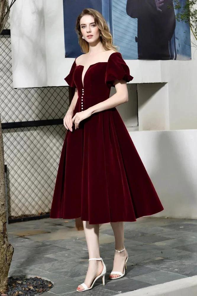 Puff Sleeve Ankle Length  Velvet Daily Casual Dress Deep V-Neck Vintage Party Dress - Image 5
