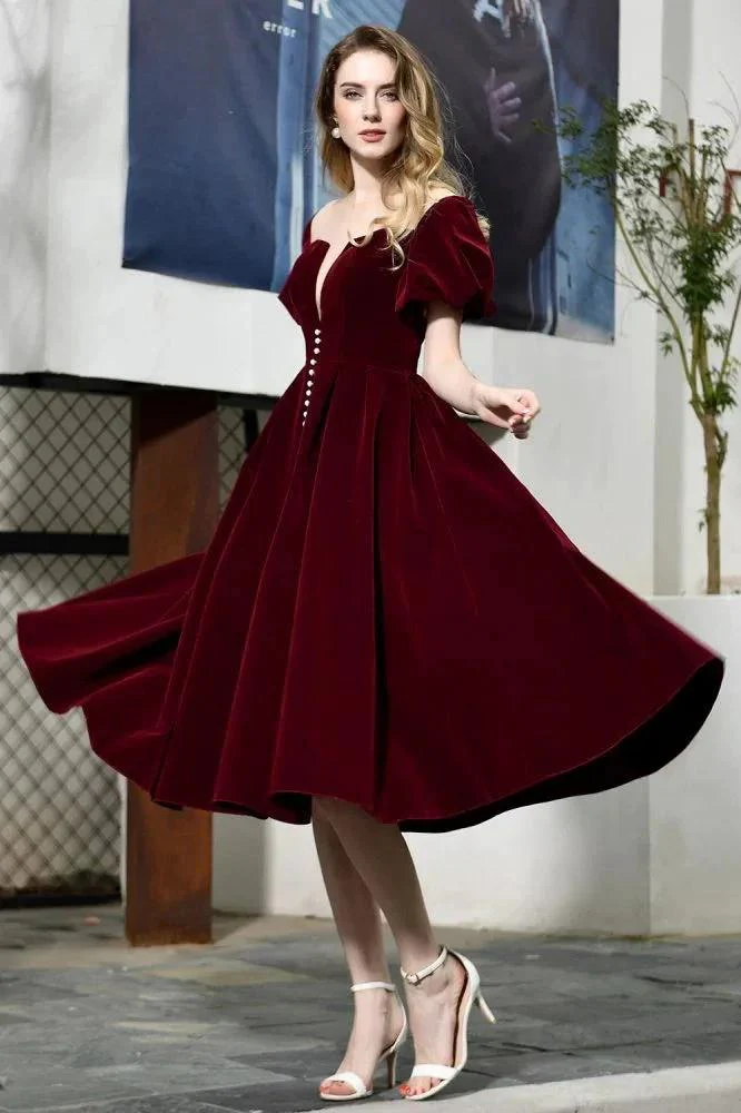 Puff Sleeve Ankle Length  Velvet Daily Casual Dress Deep V-Neck Vintage Party Dress - Image 6
