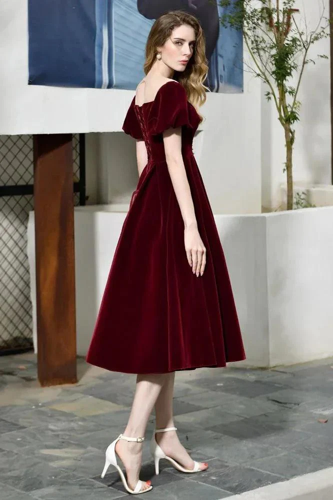 Puff Sleeve Ankle Length  Velvet Daily Casual Dress Deep V-Neck Vintage Party Dress - Image 7