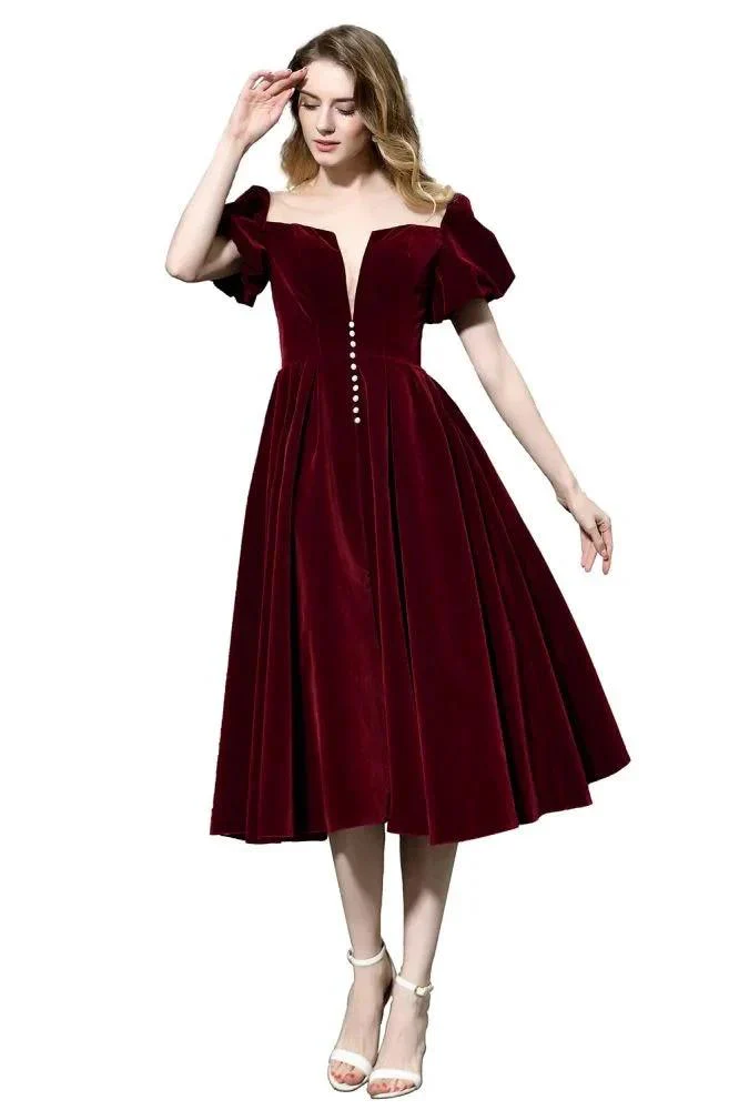 Puff Sleeve Ankle Length  Velvet Daily Casual Dress Deep V-Neck Vintage Party Dress - Image 8