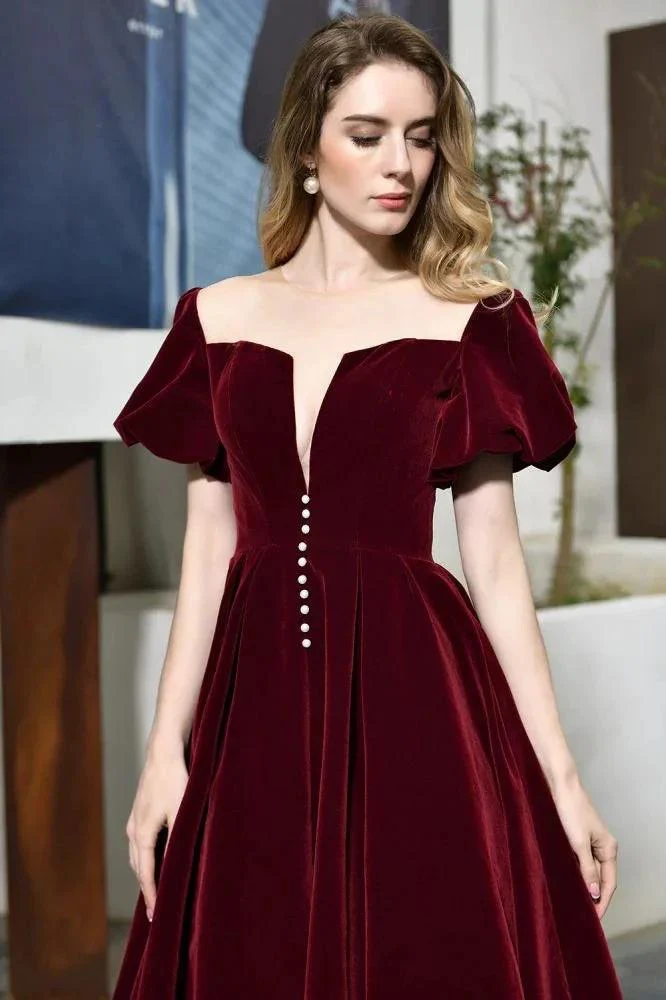 Puff Sleeve Ankle Length  Velvet Daily Casual Dress Deep V-Neck Vintage Party Dress - Image 9