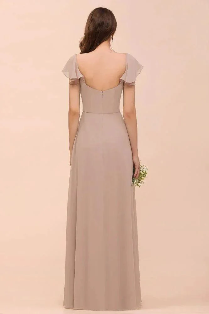 Puff Sleeve Khaki Bridesmaid Dress Side Spolit Maid of honor dress - Image 2