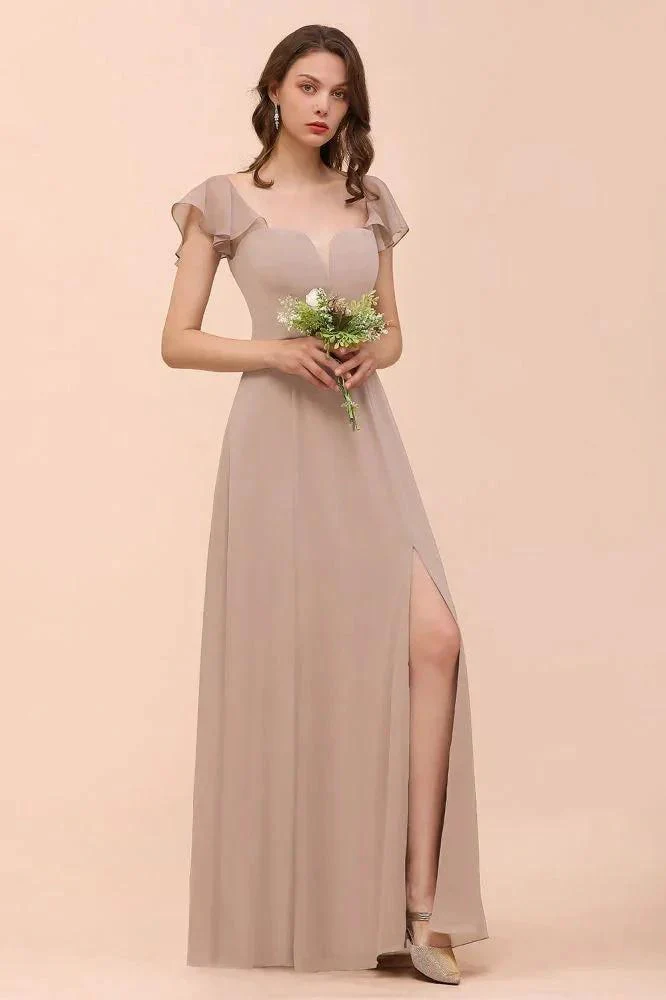 Puff Sleeve Khaki Bridesmaid Dress Side Spolit Maid of honor dress - Image 3