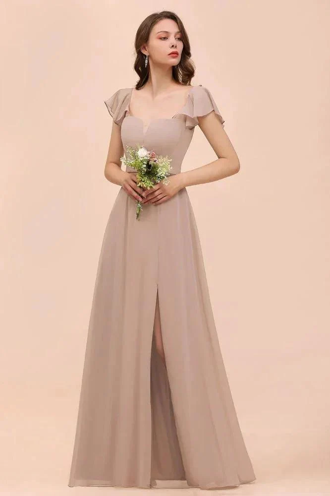 Puff Sleeve Khaki Bridesmaid Dress Side Spolit Maid of honor dress - Image 5