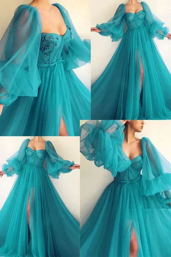 Puff Sleeve Prom Dresses Side Slit A Line Evening Gowns Y514 - Image 2
