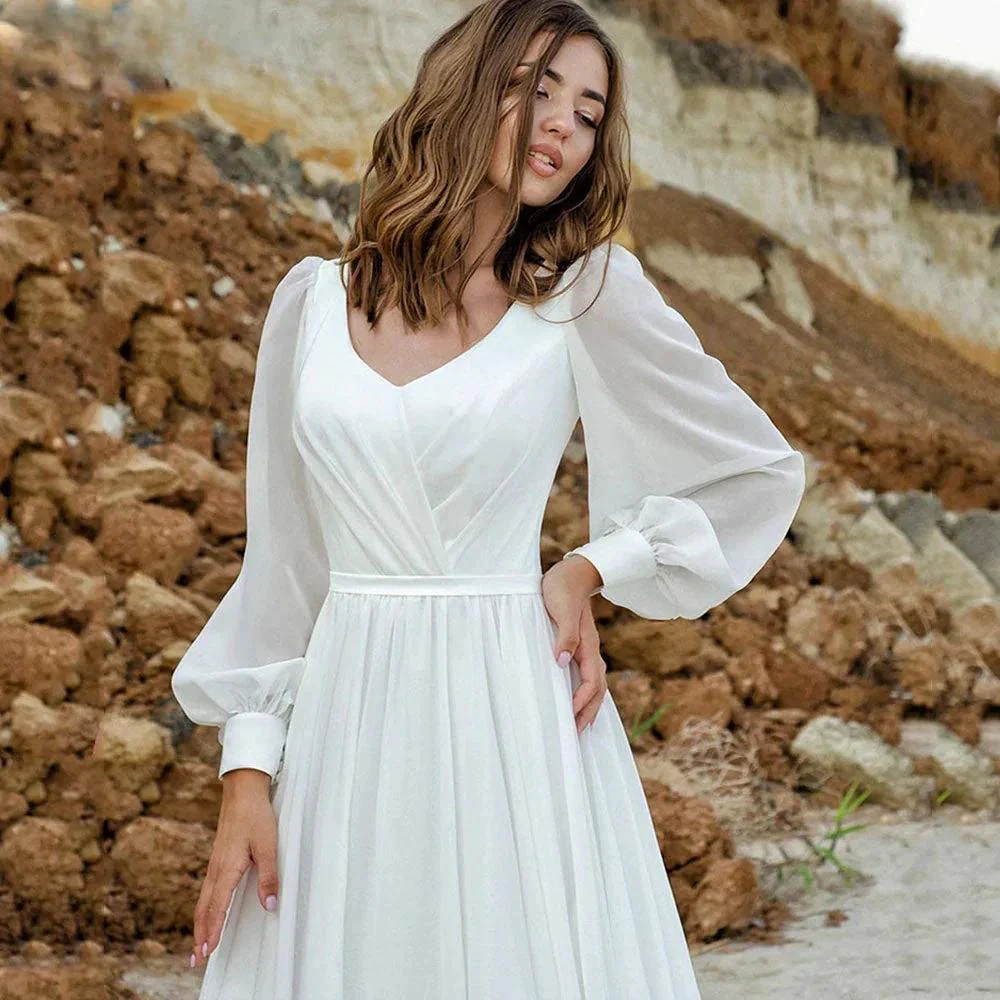 Puff Sleeve Wedding Dresses Women Vestido De Novia Long Chiffon Elegant V-Neck A-Line Backless Bridal Gown Robe Mariée - Image 2
