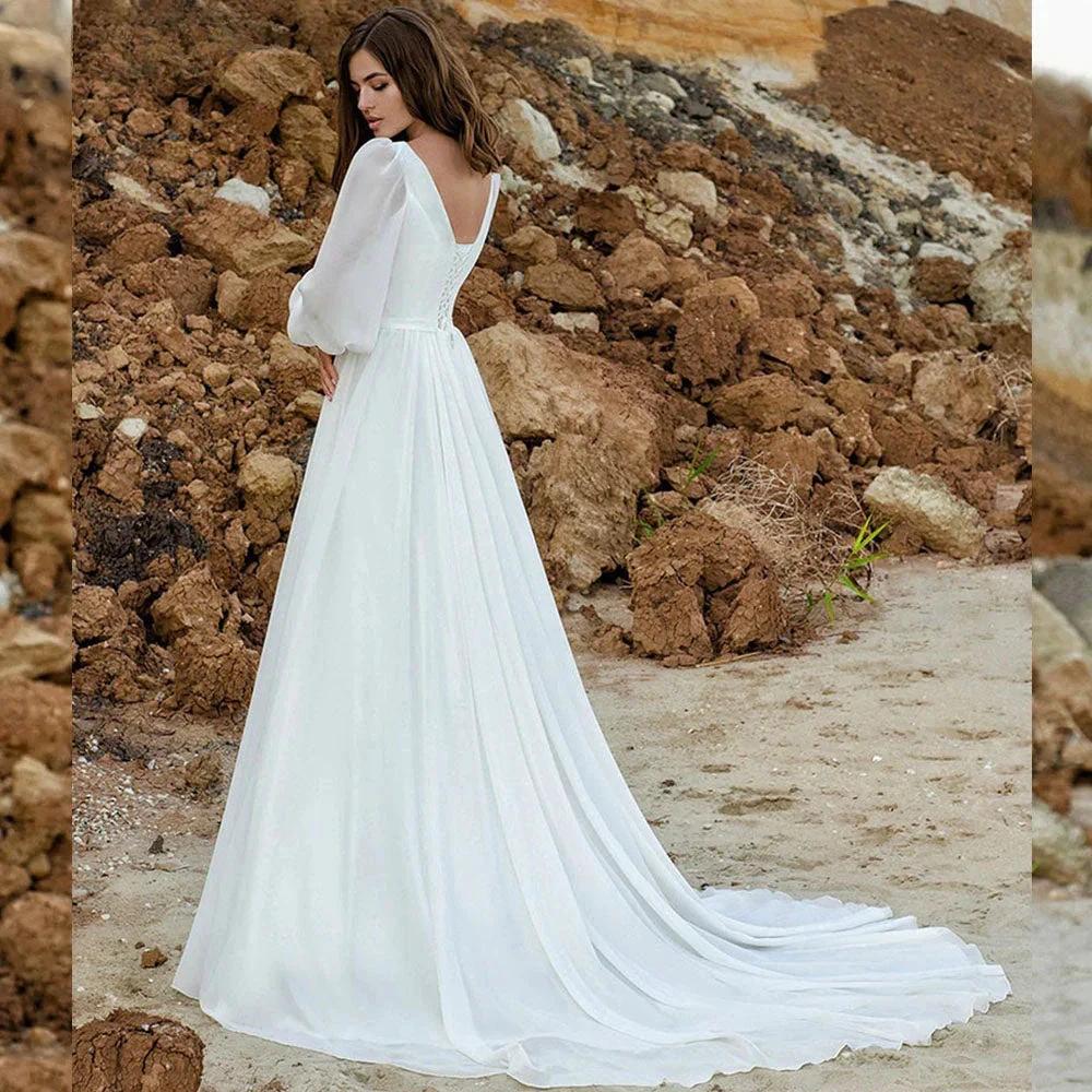 Puff Sleeve Wedding Dresses Women Vestido De Novia Long Chiffon Elegant V-Neck A-Line Backless Bridal Gown Robe Mariée - Image 3