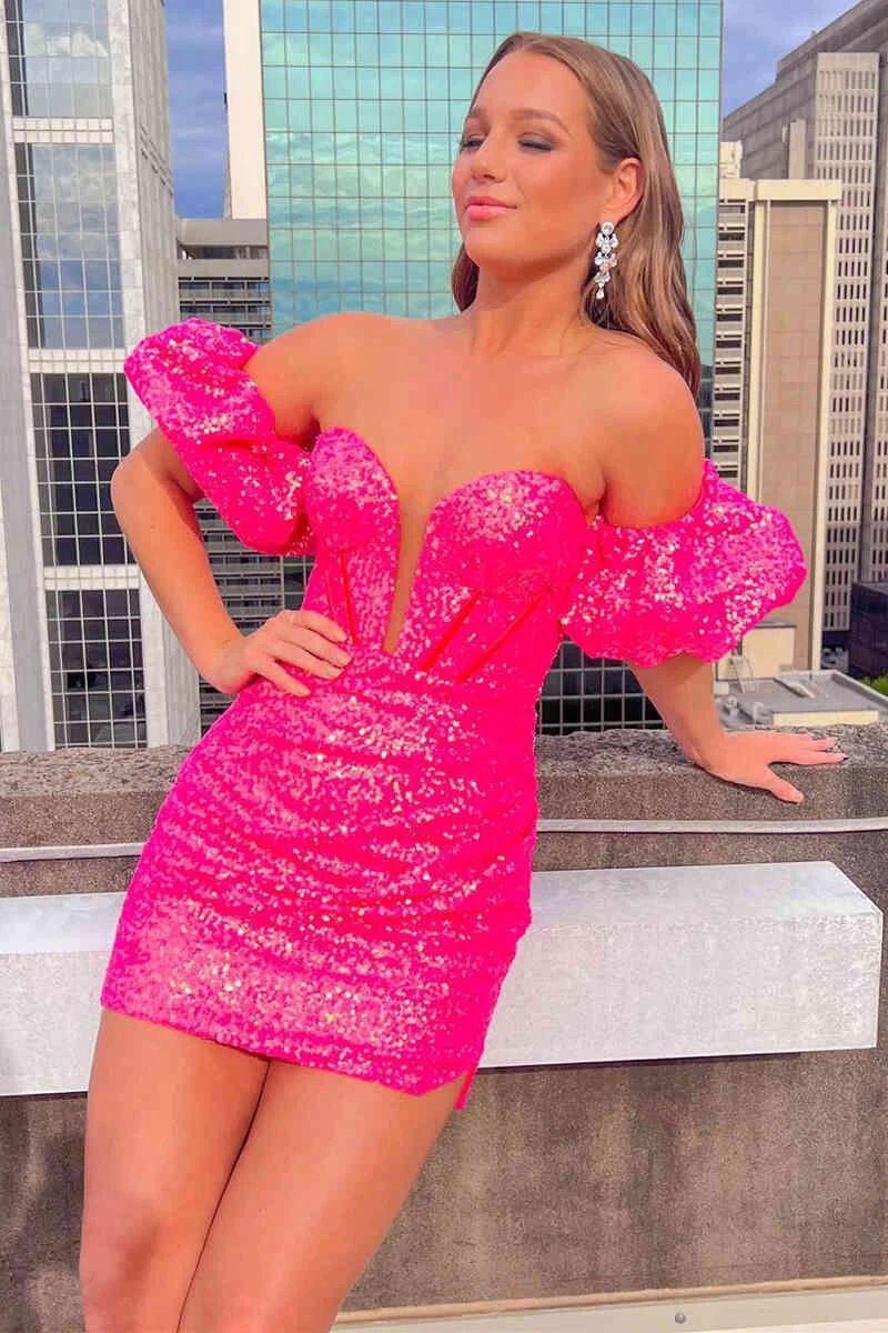 Puff Sleeves Hot Pink Homecoming Dress SYH26 - Image 2