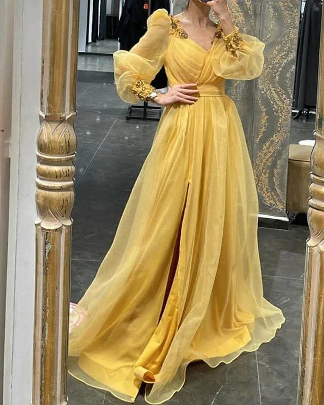 Puff Sleeves V Neck Tulle Slit Evening Dress Y5793 - Image 2