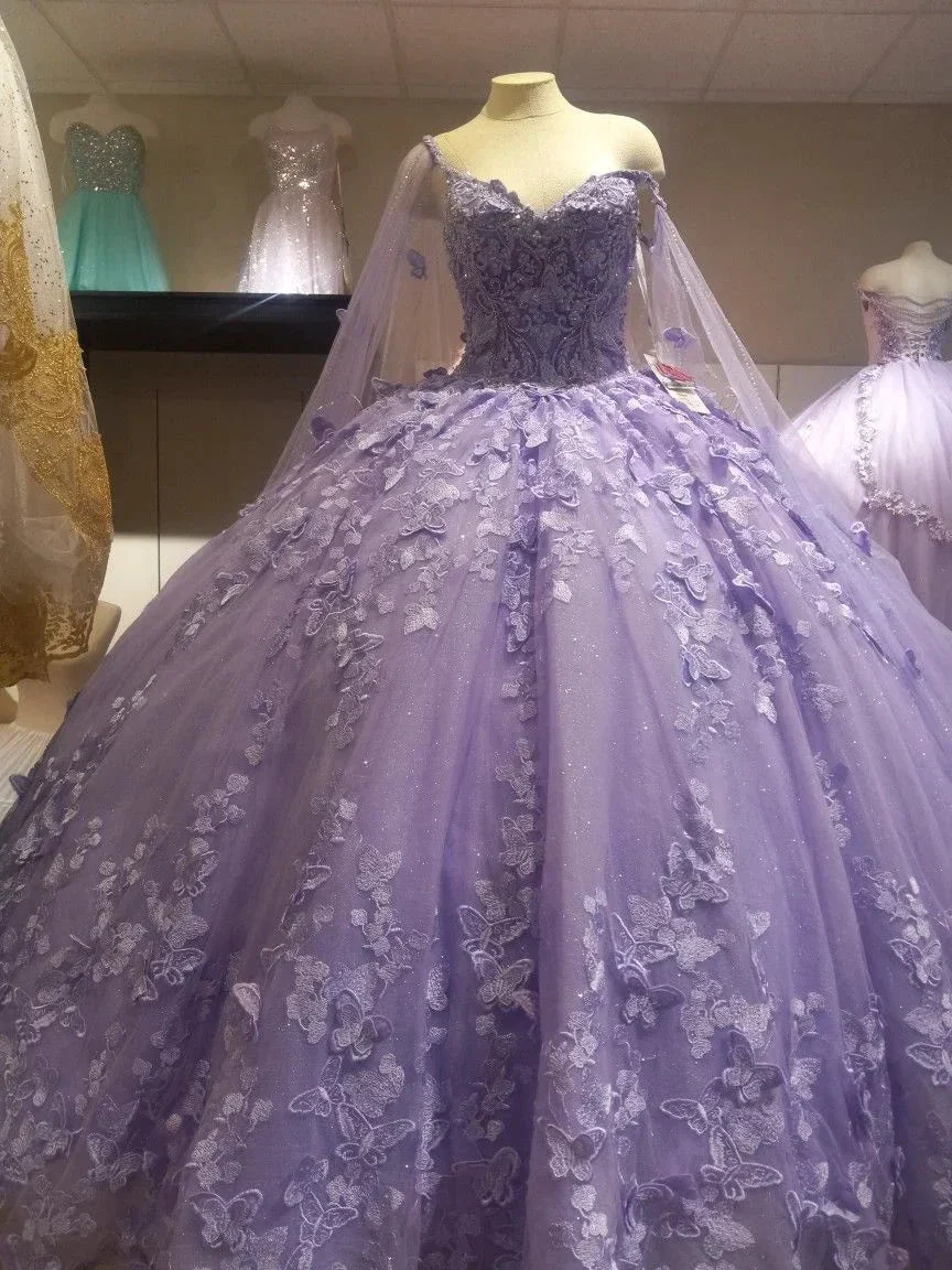 Puffy Ball Gown Quinceanera Dresses Purple with Butterflies Lace Tulle for Girls Sweet 15 16 Birthday Y5214 - Image 2