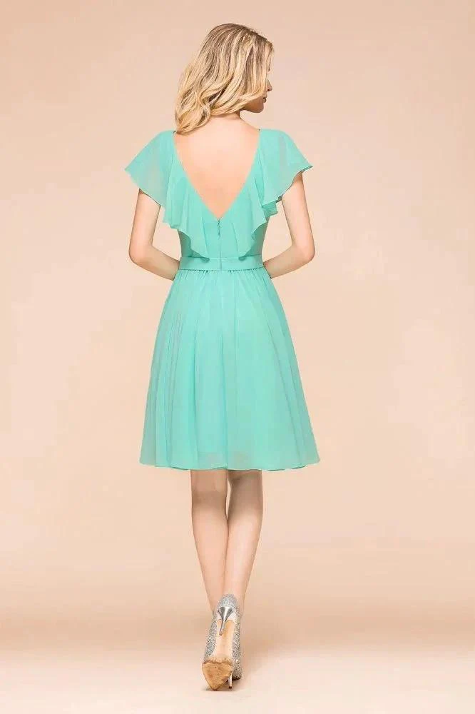 Puffy Knee Length Bridesmaid Dress Chiffon V-Neck Casual Short Dress - Image 2