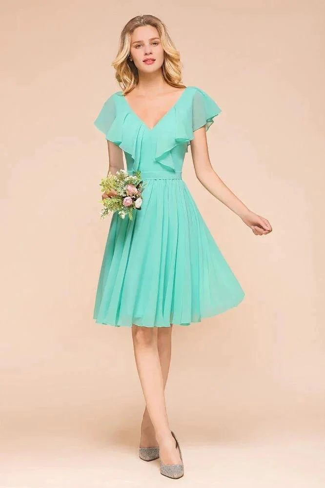 Puffy Knee Length Bridesmaid Dress Chiffon V-Neck Casual Short Dress - Image 3