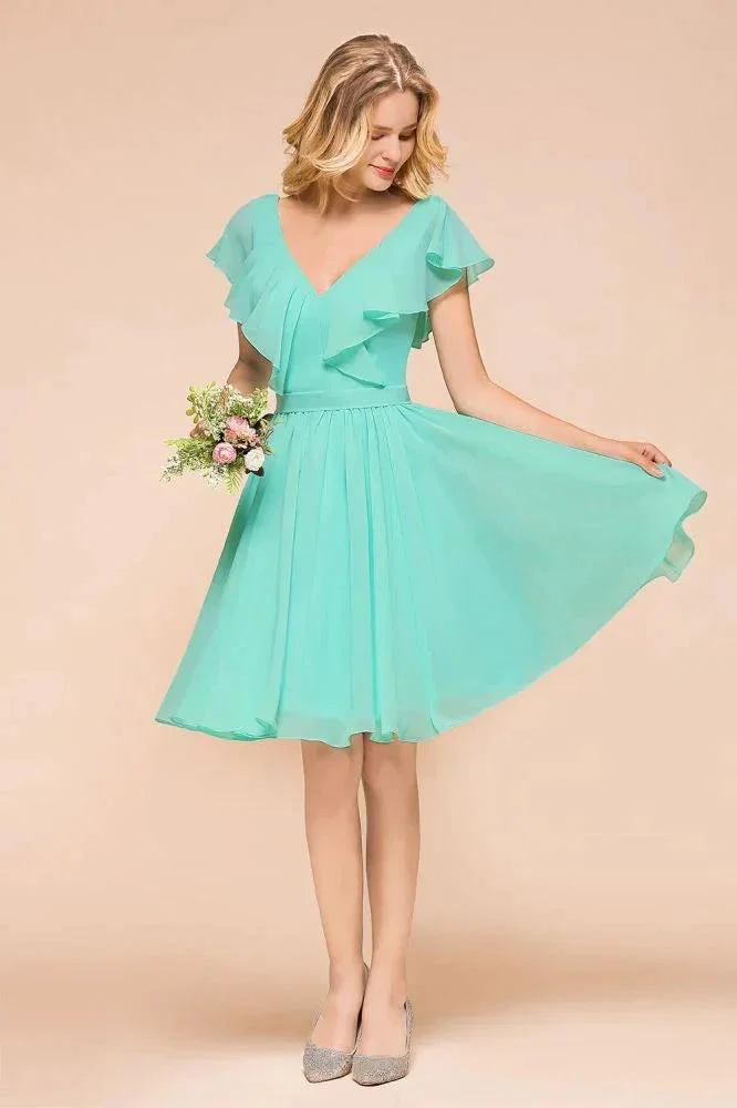 Puffy Knee Length Bridesmaid Dress Chiffon V-Neck Casual Short Dress - Image 4