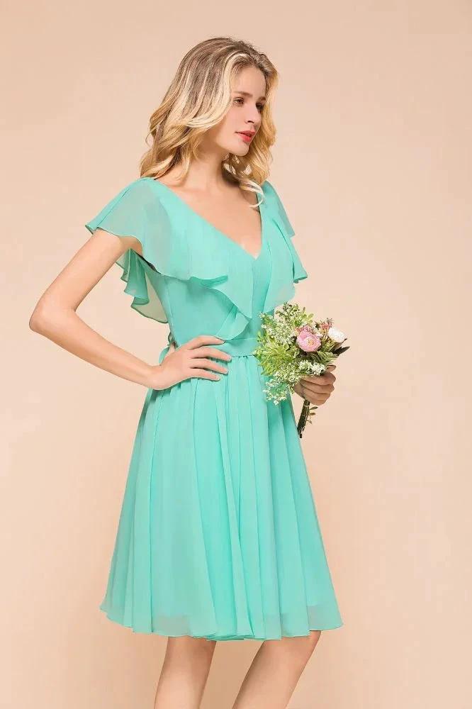 Puffy Knee Length Bridesmaid Dress Chiffon V-Neck Casual Short Dress - Image 5