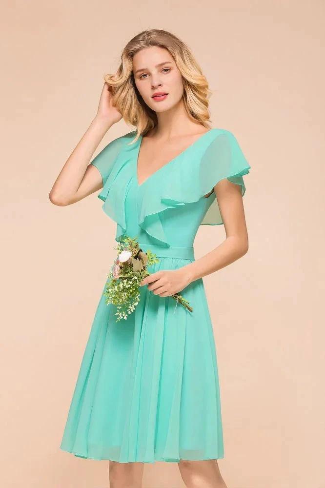 Puffy Knee Length Bridesmaid Dress Chiffon V-Neck Casual Short Dress - Image 6
