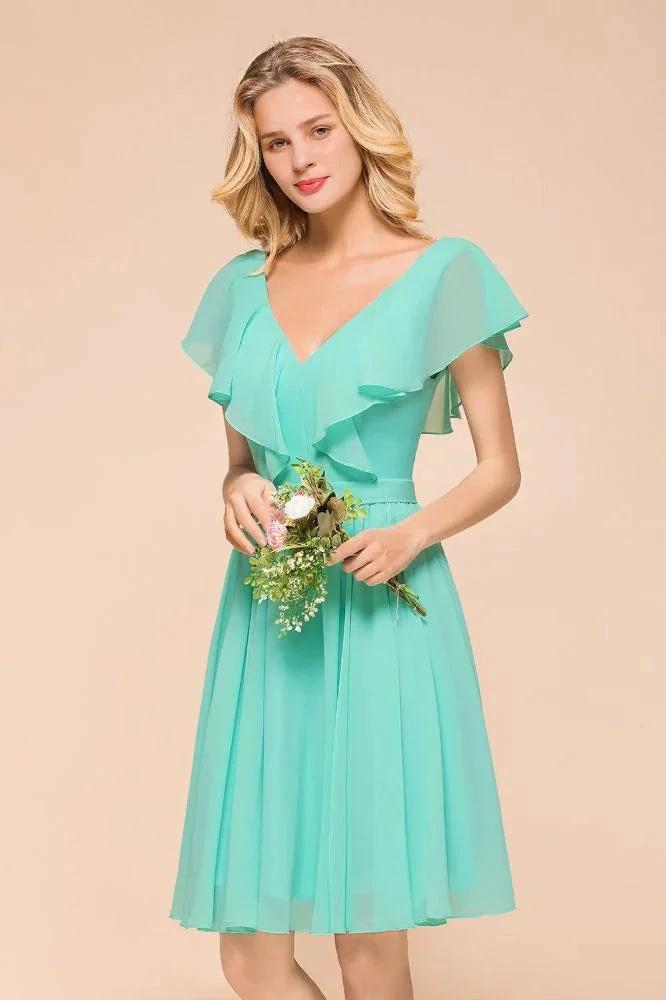 Puffy Knee Length Bridesmaid Dress Chiffon V-Neck Casual Short Dress - Image 7