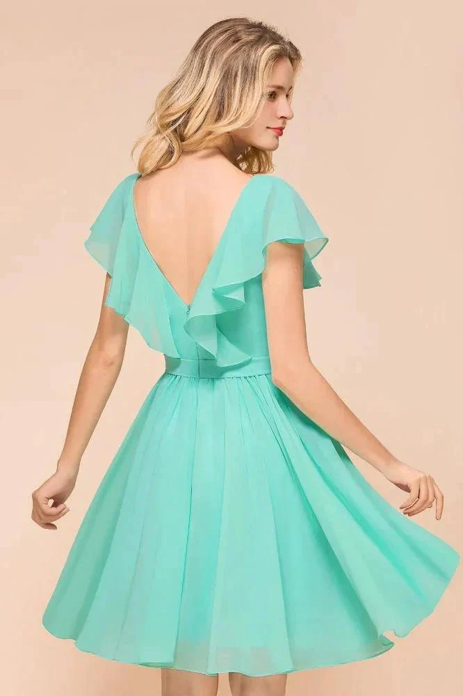 Puffy Knee Length Bridesmaid Dress Chiffon V-Neck Casual Short Dress - Image 8
