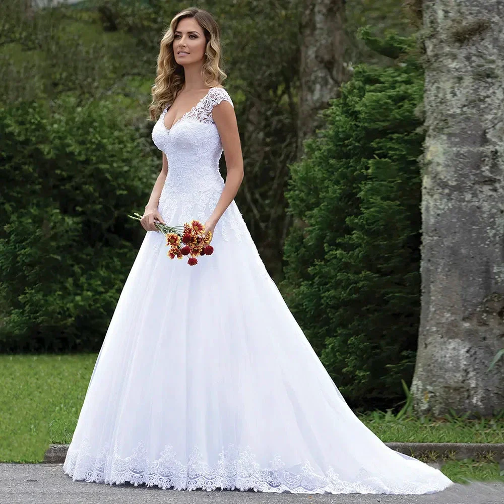 Pure White Wedding Dress Elegant Cap Sleeve Vestido De Noiva Sexy V Neck Lace Vestidos De Novia - Image 3