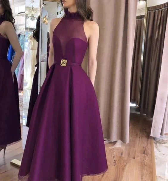 Purple A-line Sleeveless Prom Dress Purple High Neck Evening Dress Y5859 - Image 2