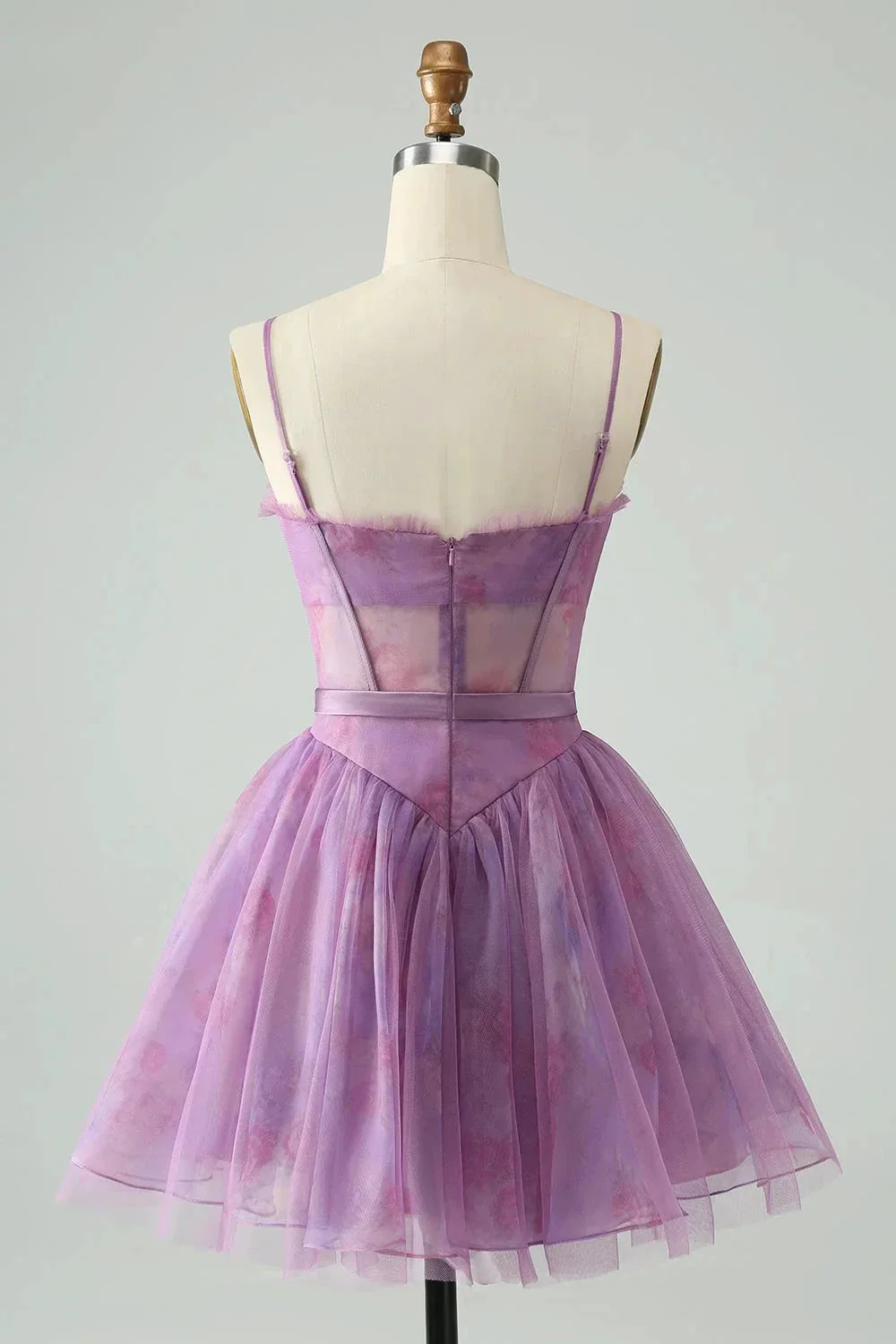 Cute Purple A Line Spaghetti Straps Print Corset Short Homecoming Dress - Image 2