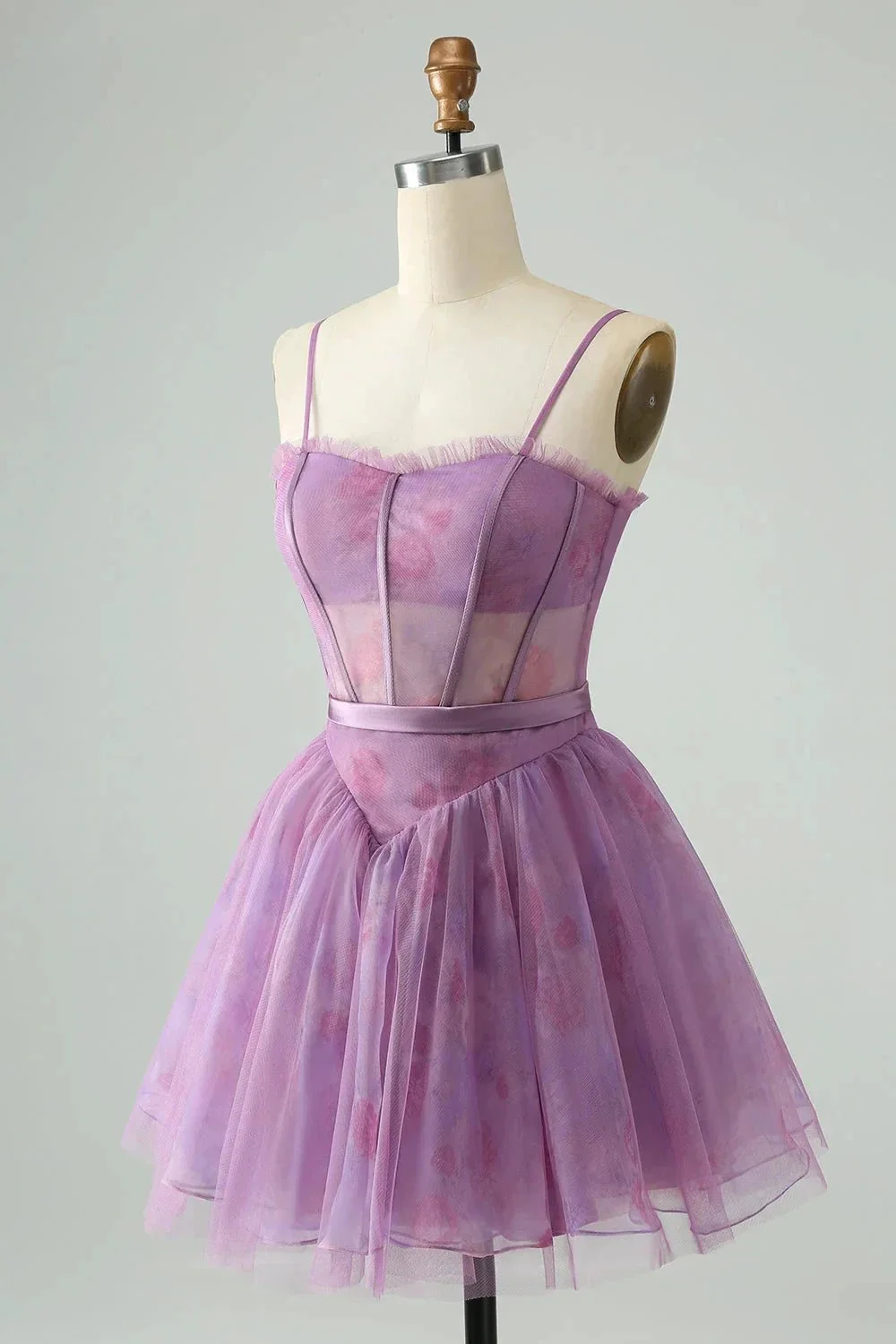 Cute Purple A Line Spaghetti Straps Print Corset Short Homecoming Dress - Image 3