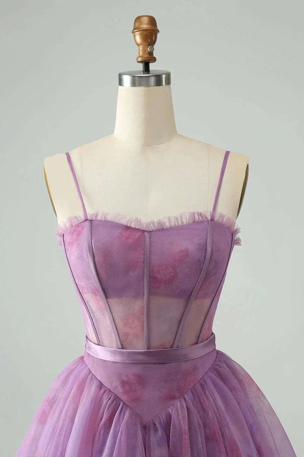 Cute Purple A Line Spaghetti Straps Print Corset Short Homecoming Dress - Image 4