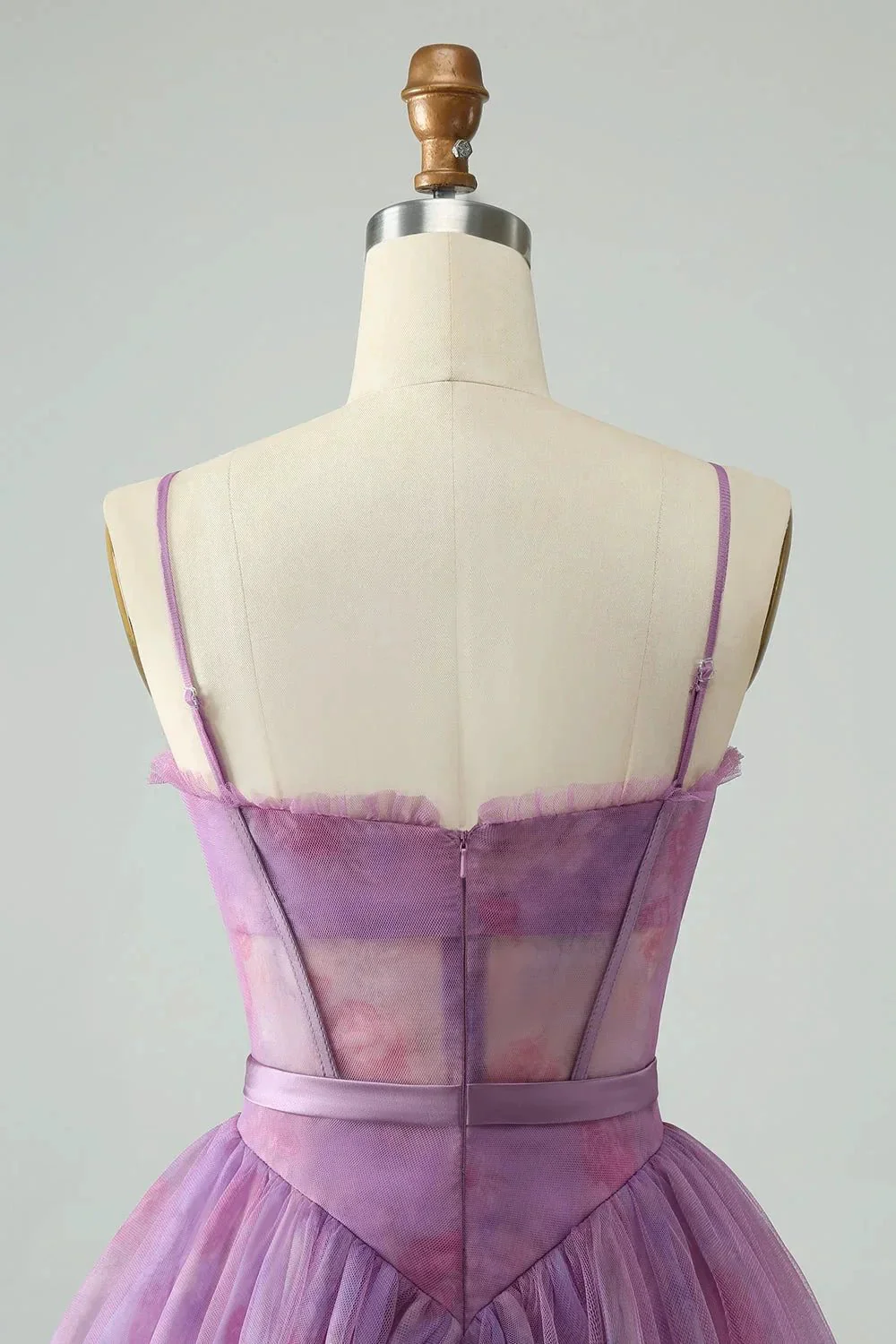 Cute Purple A Line Spaghetti Straps Print Corset Short Homecoming Dress - Image 5