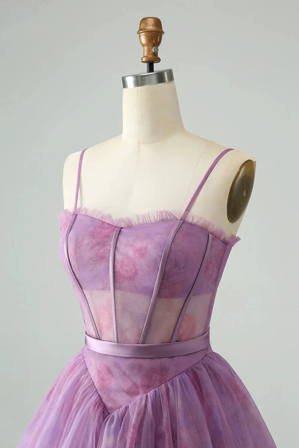 Cute Purple A Line Spaghetti Straps Print Corset Short Homecoming Dress - Image 6