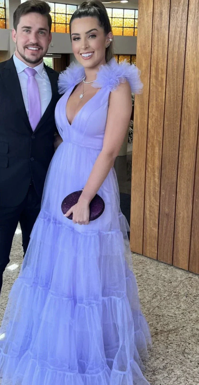 Purple A-line V Neck Tulle Prom Dress,Purple Evening Dress  Y2884 - Image 2