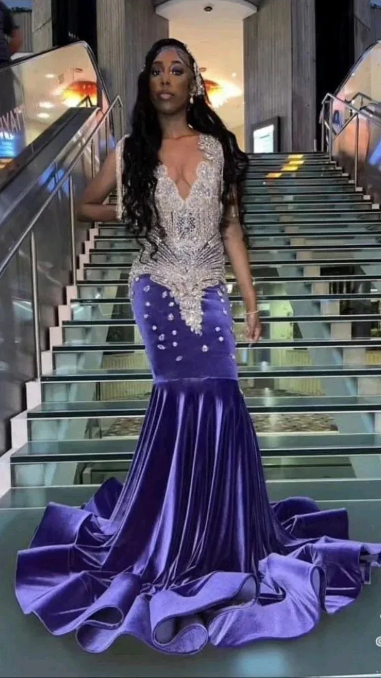 Purple and silver prom dress for black girl sexy evening dress Y1710 - Image 2
