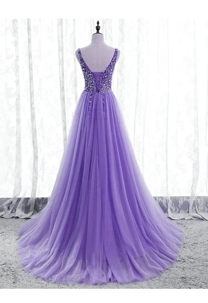 Purple Beaded V-neckline Tulle Sparkle Party Dress Evening Dress Purple Tulle Prom Dress Y1008 - Image 2