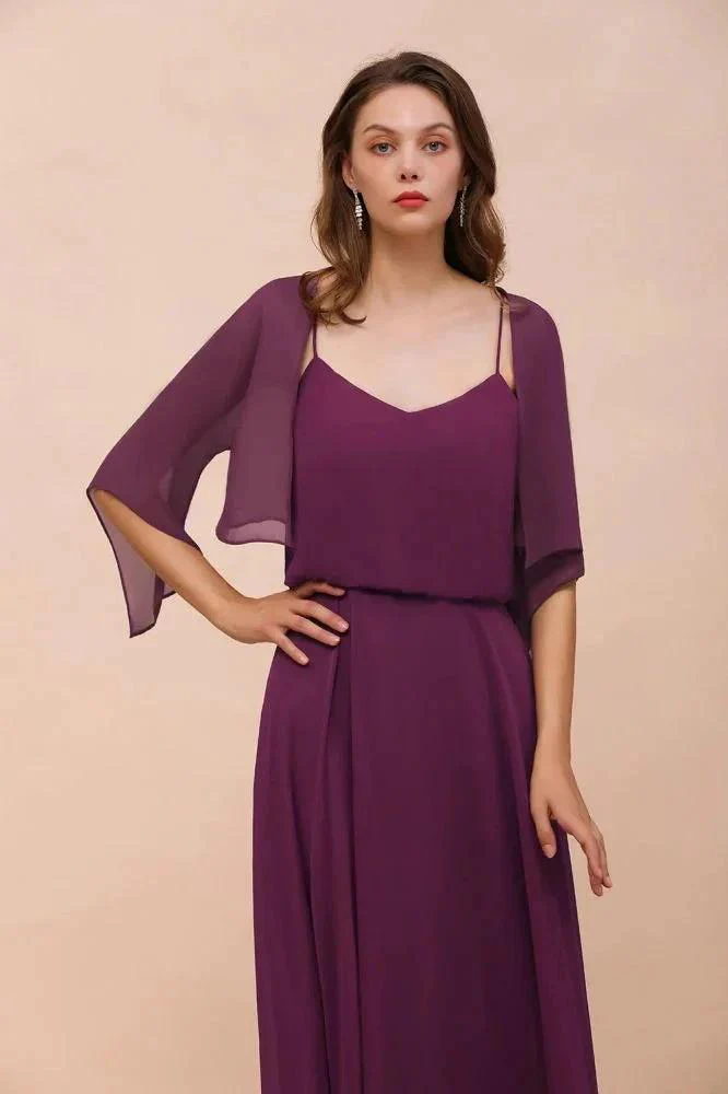 Purple Bridesmaid Dress with Wraps Spaghetti Straps Floor Length Casual Dress - Image 4