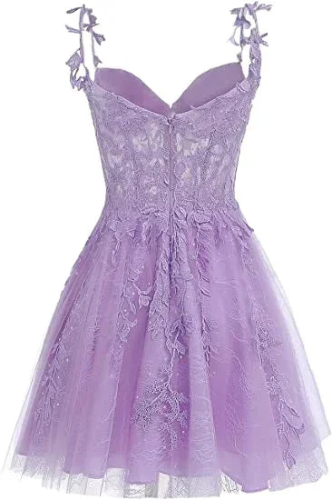 Purple Floral Tulle Short Homecoming Dress with Lace Rhinestones Appliques Y857 - Image 2