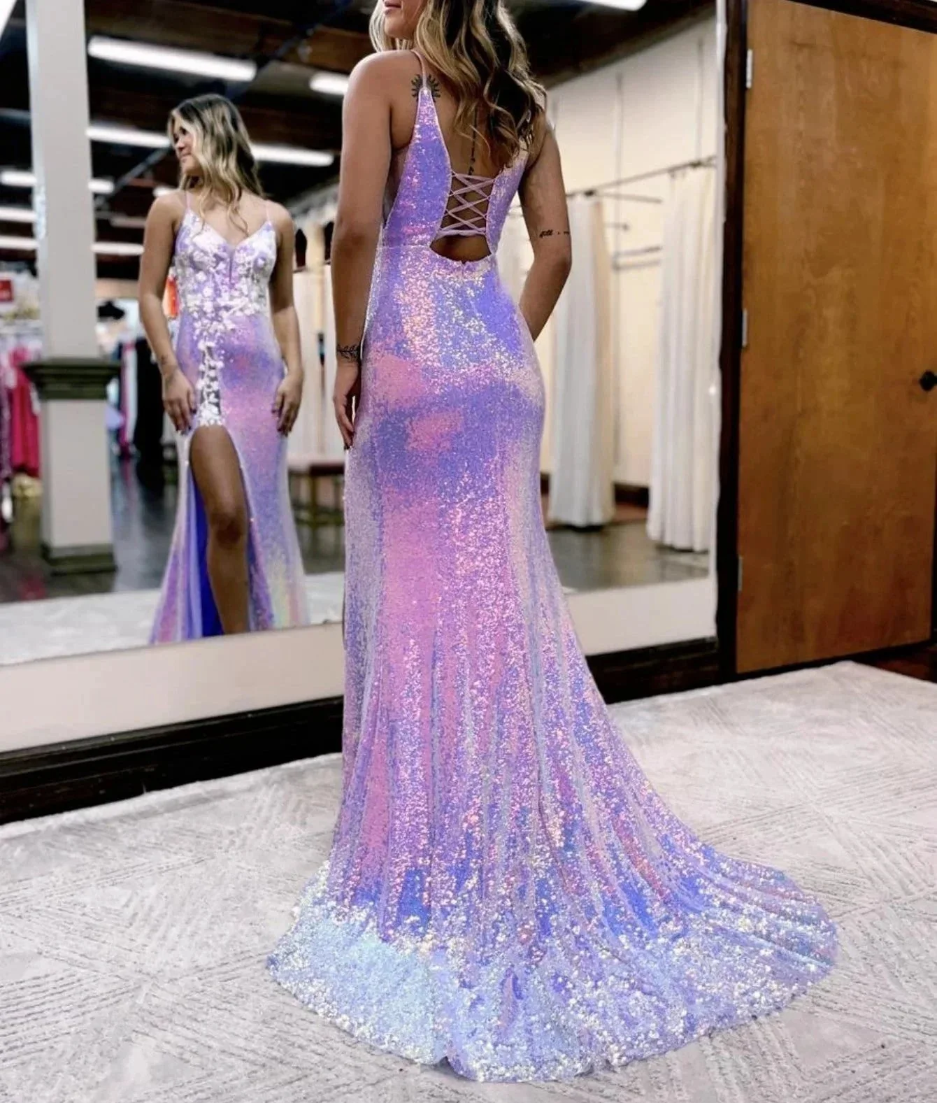 Mermaid Glitter Lavender Floral Long Prom Dress with Slit - Image 2