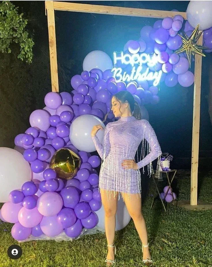 Purple High Neckline Long Sleeves with Tassels Birthday Party Dress Purple Homecoming Dress Y2565 - Image 2