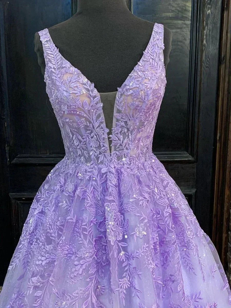 Purple Long A-line V Neck Tulle Lace Prom Formal Graduation Evening Dresses - Image 2