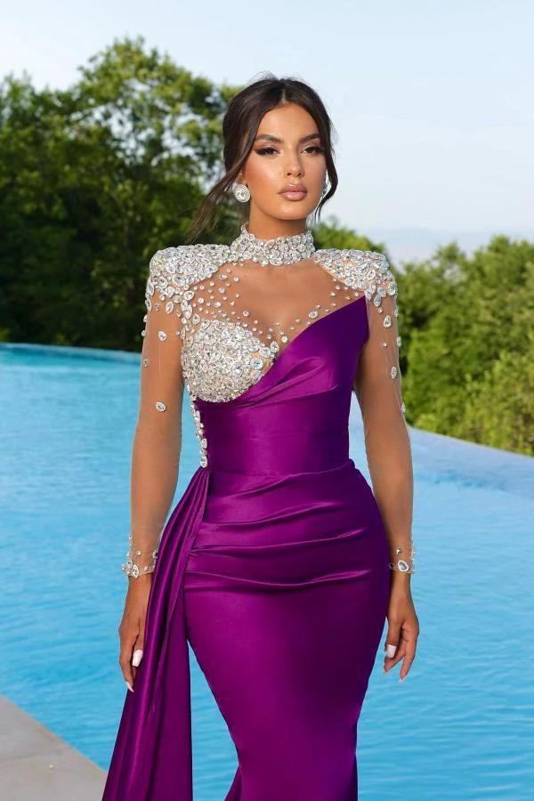 Purple Mermaid High Neck Satin Beading Long Prom Dresses with Sleeves - Image 2