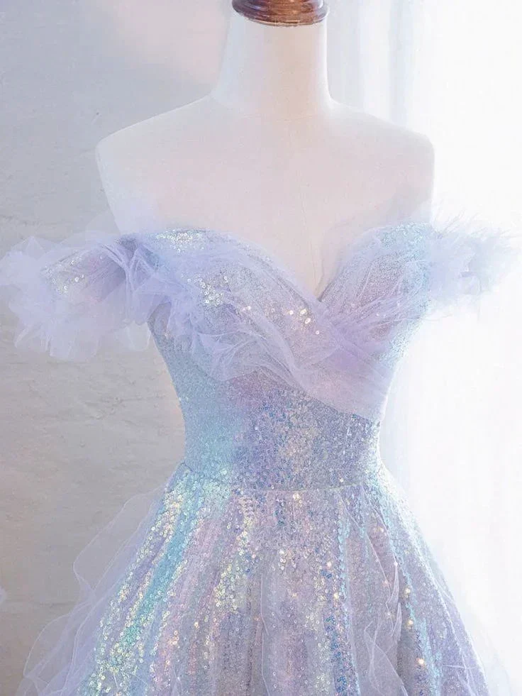 Purple Off Shoulder Sequin Tulle Long Prom Dress Formal Evening Dresses Y5864 - Image 2