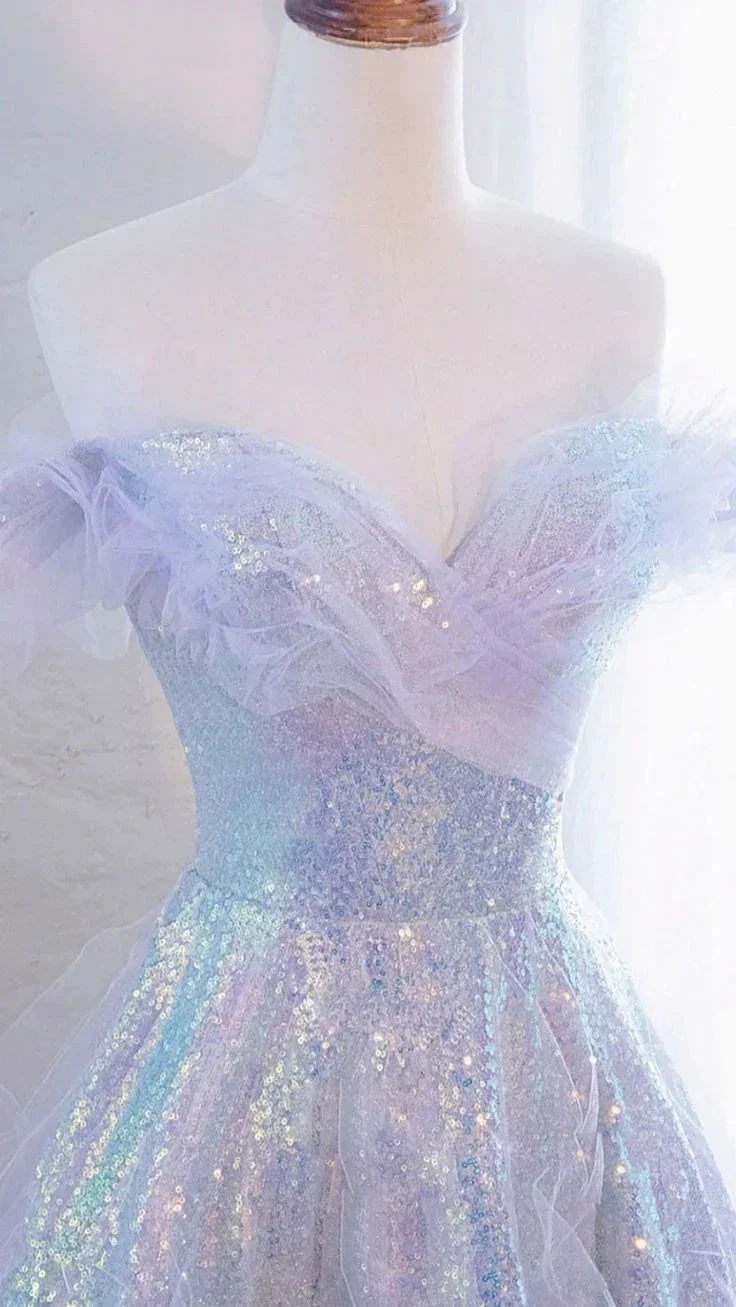 Purple Off Shoulder Sequin Tulle Long Prom Dress Purple Formal Evening Dresses Y4451 - Image 2