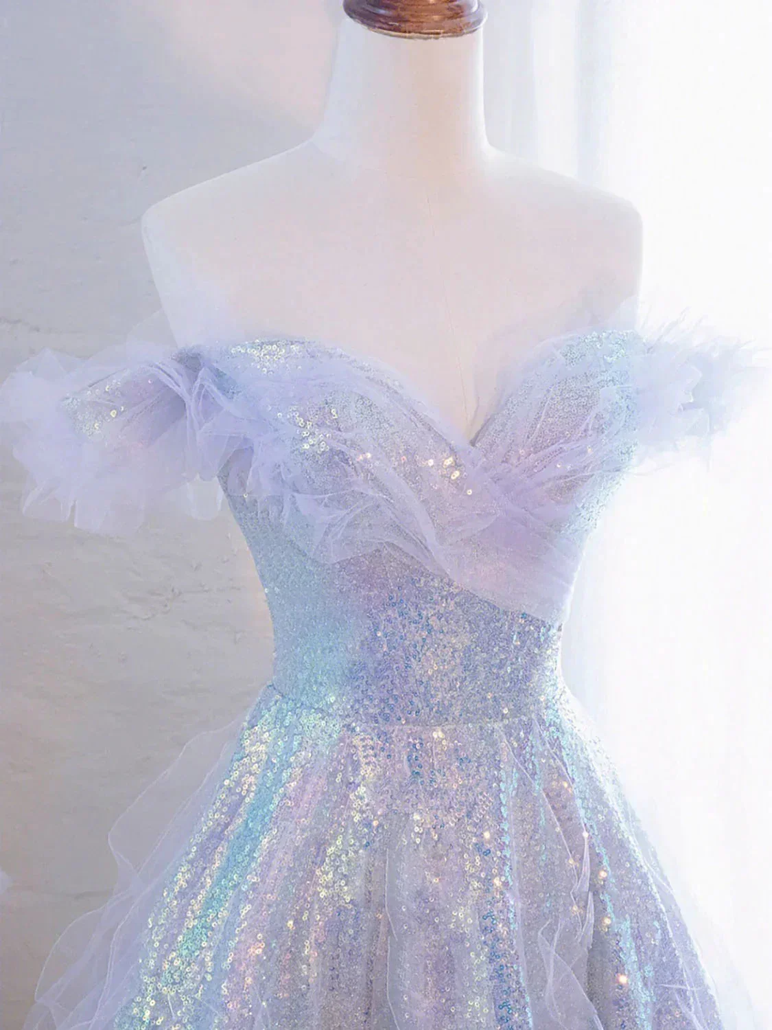 Purple Off Shoulder Sequin Tulle Long Prom Dress Purple Formal Evening Dresses Y4659 - Image 2